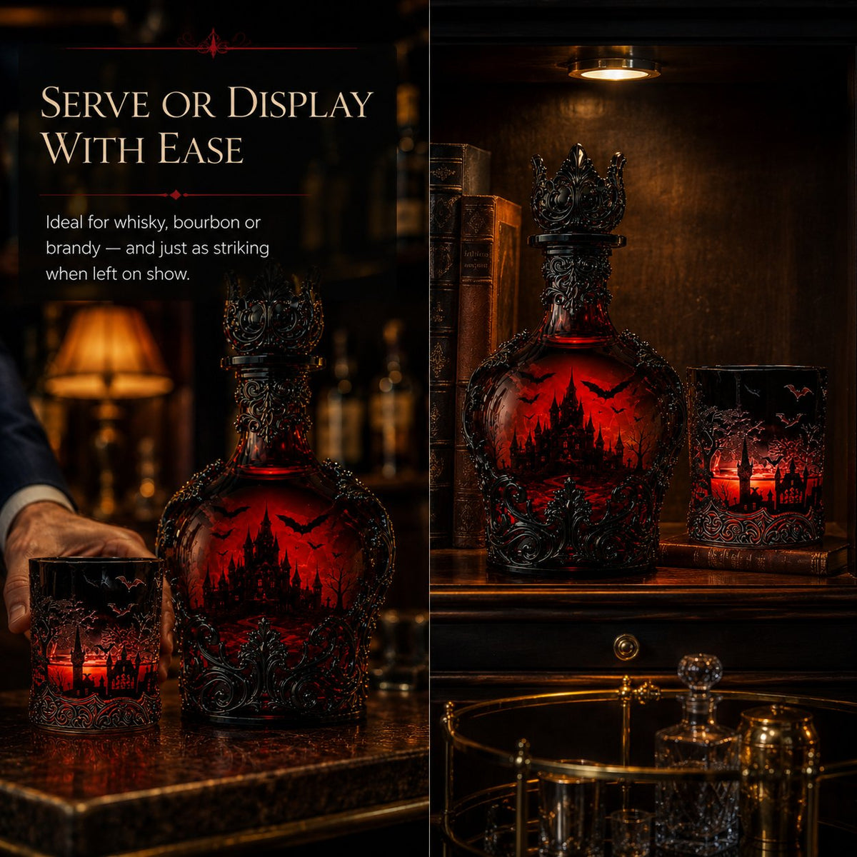 🦇 Gothic Vampire Castle Whiskey Decanter and Tumbler Set, Dark Barware Gift for Horror Lovers 🍷