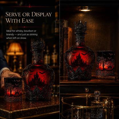 🦇 Gothic Vampire Castle Whiskey Decanter and Tumbler Set, Dark Barware Gift for Horror Lovers 🍷