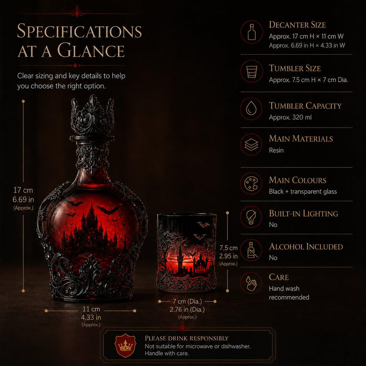 🦇 Gothic Vampire Castle Whiskey Decanter and Tumbler Set, Dark Barware Gift for Horror Lovers 🍷