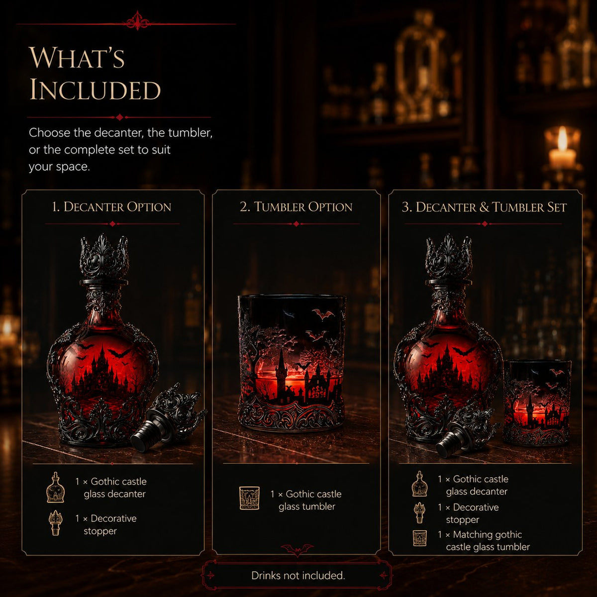 🦇 Gothic Vampire Castle Whiskey Decanter and Tumbler Set, Dark Barware Gift for Horror Lovers 🍷