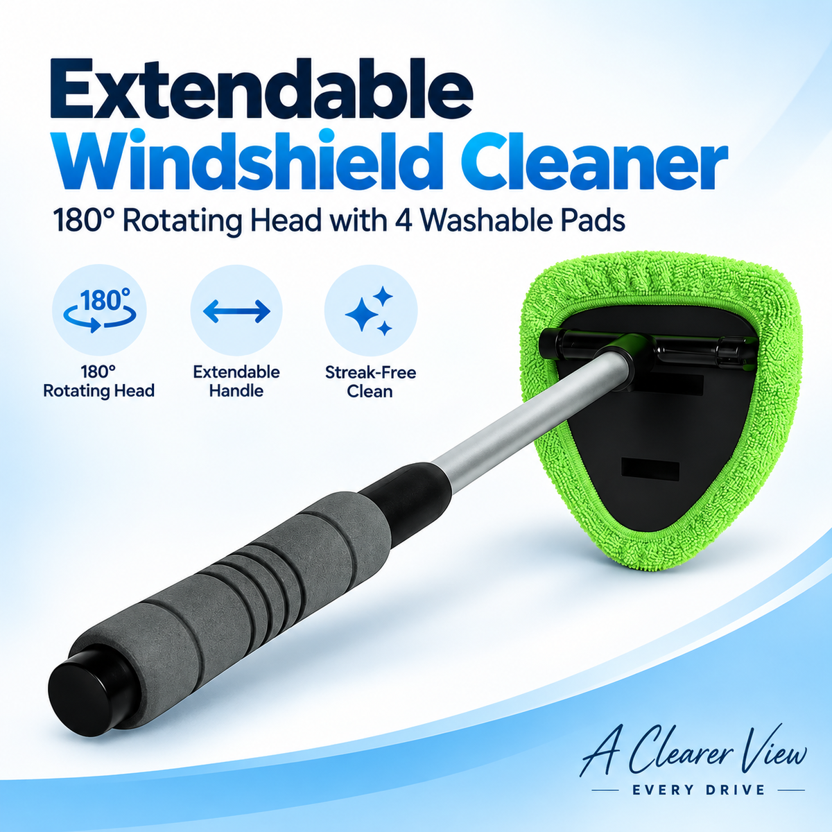 🚗 Extendable Windshield Cleaner – 180° Rotating Head & 4 Washable Pads