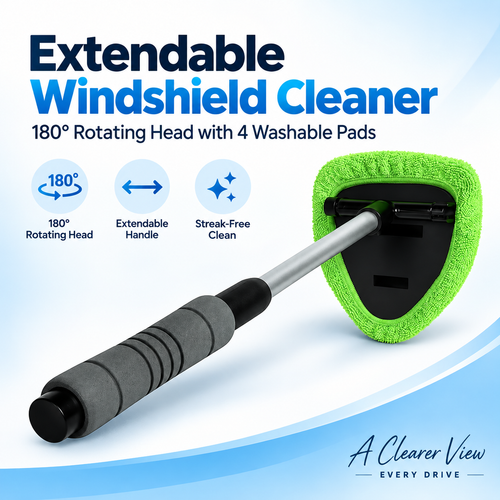 🚗 Extendable Windshield Cleaner – 180° Rotating Head & 4 Washable Pads