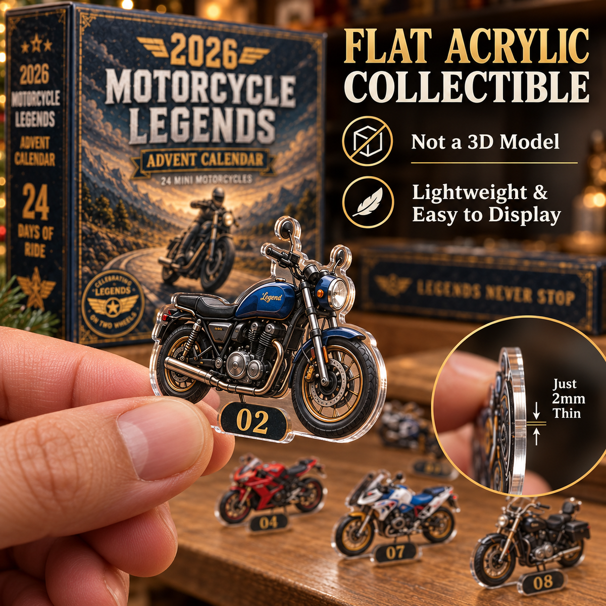 🎁 2026 Motorcycle Legends Advent Calendar – 24 Flat Acrylic Motorcycle Collectibles