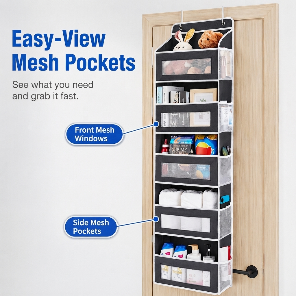 🚪 No-Sway Over-the-Door Storage Rack – 5 Deep Mesh Baskets, 44 lb Capacity