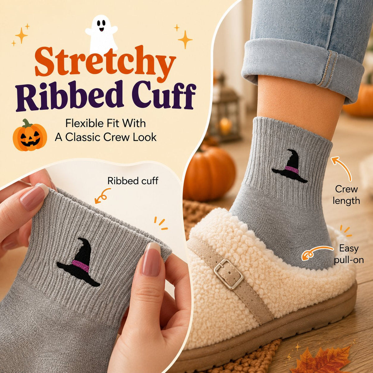 🎃🧦 Halloween Embroidered Crew Socks – Spooky Style from Heel to Toe
