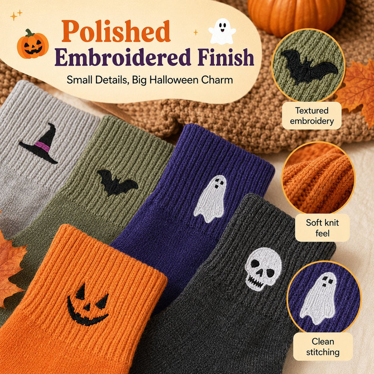 🎃🧦 Halloween Embroidered Crew Socks – Spooky Style from Heel to Toe
