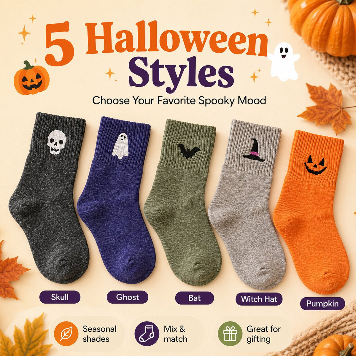 🎃🧦 Halloween Embroidered Crew Socks – Spooky Style from Heel to Toe
