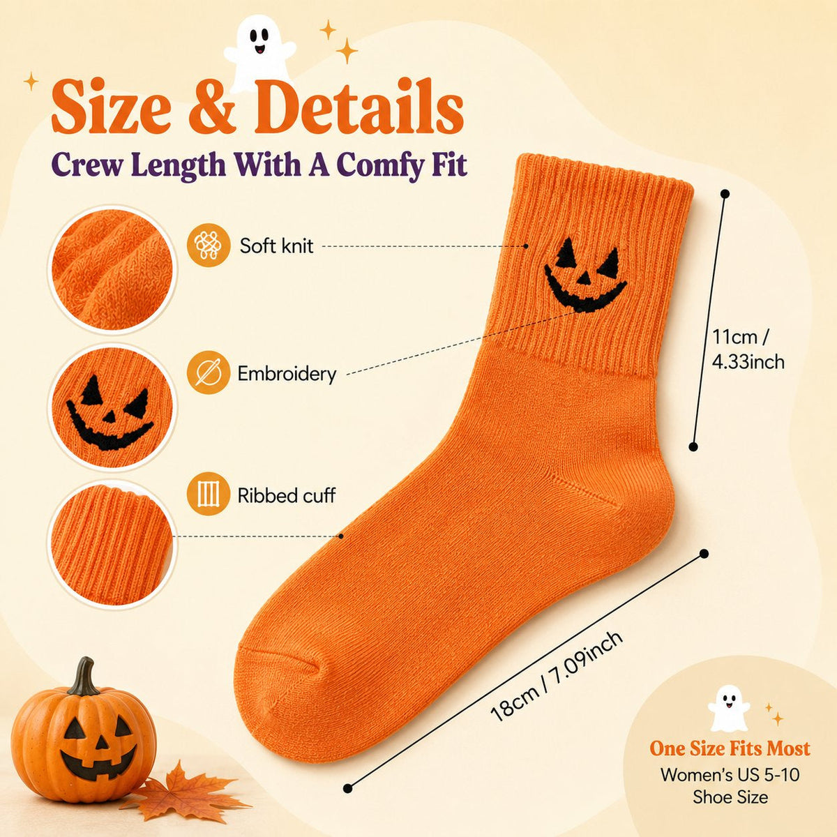 🎃🧦 Halloween Embroidered Crew Socks – Spooky Style from Heel to Toe