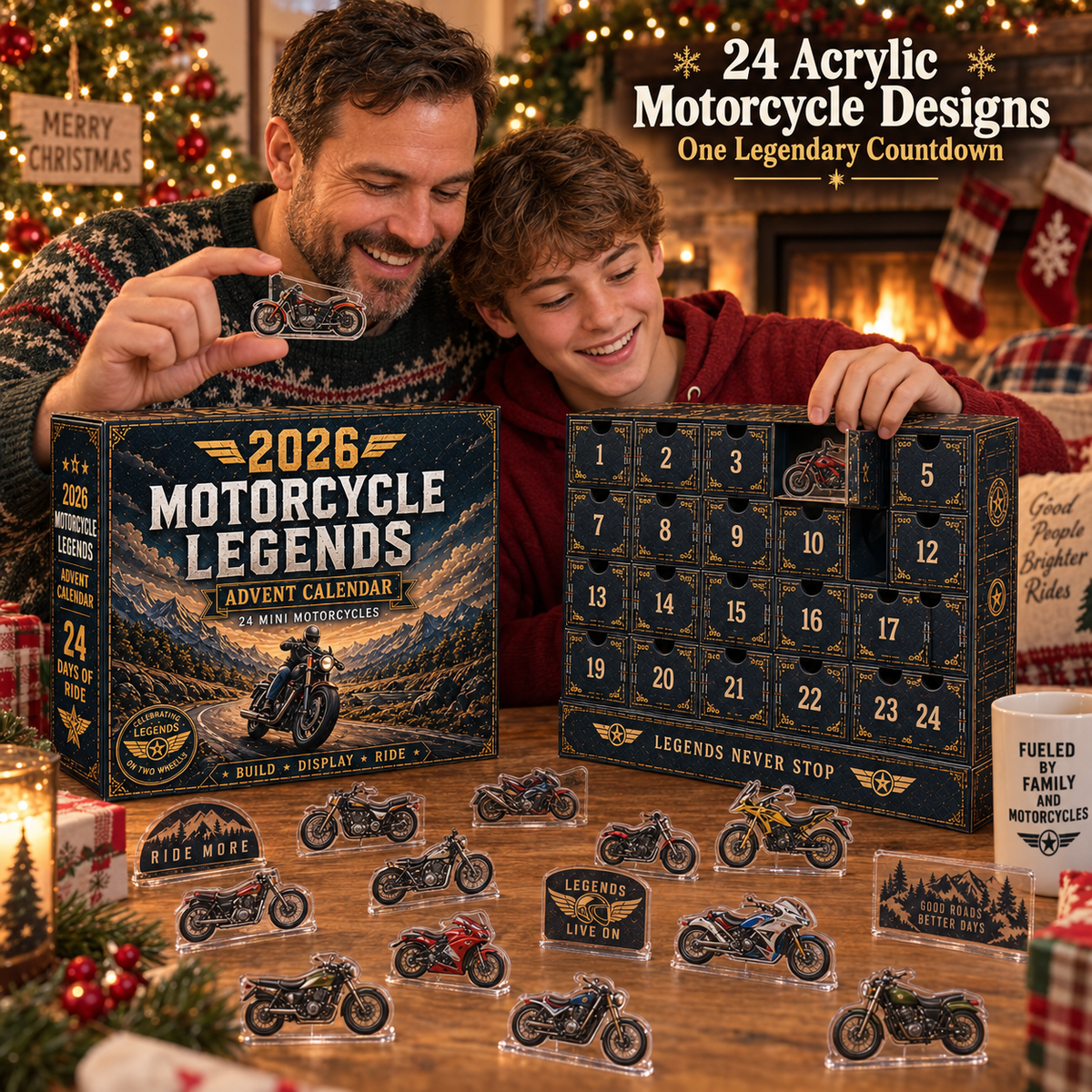 🎁 2026 Motorcycle Legends Advent Calendar – 24 Flat Acrylic Motorcycle Collectibles
