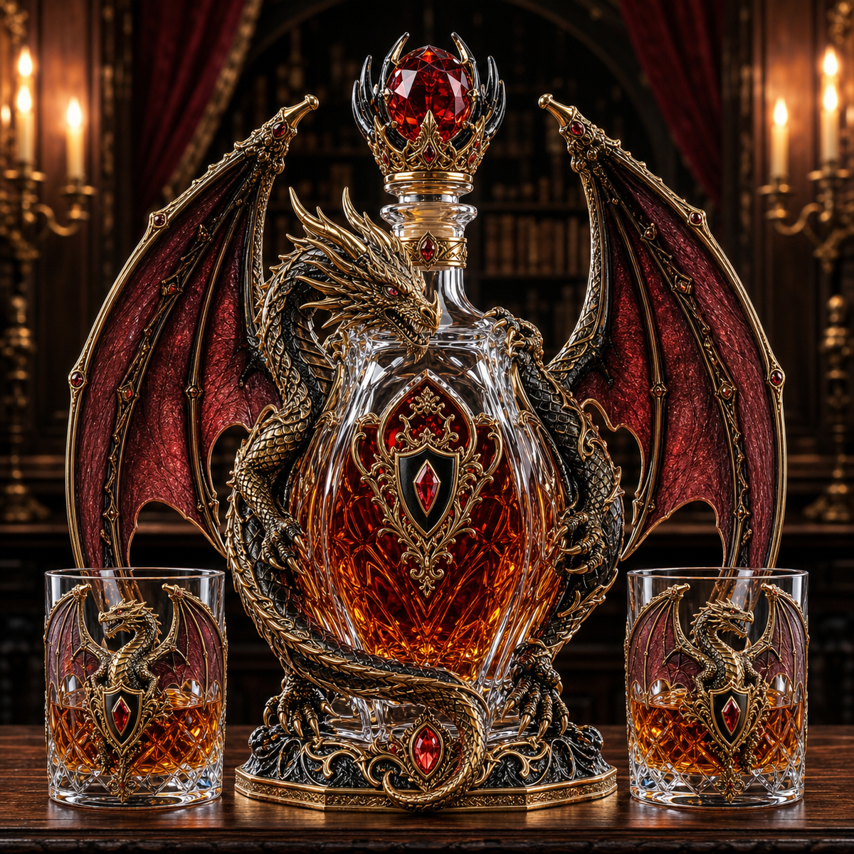 🐉 Imperial Crimson Western Dragon Decanter Set – Luxury 3D Crystal Whiskey Bottle with 2 Matching Glasses