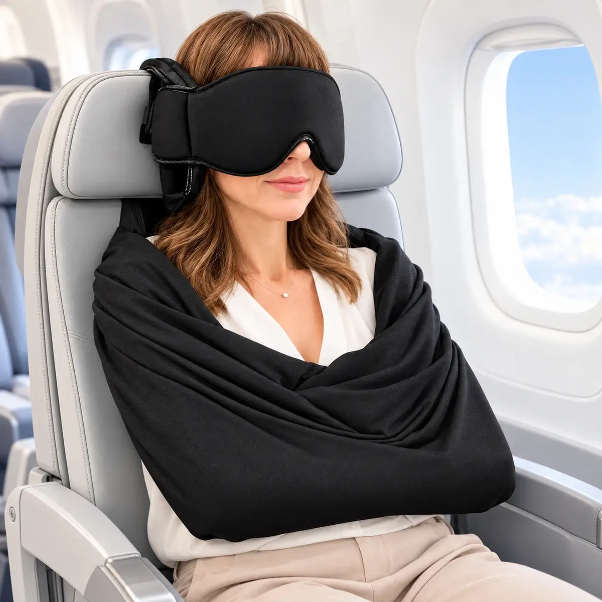 ✈️ 3-in-1 Airplane Sleep Kit – Pillow, Eye Mask & Body Sling