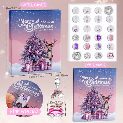 🎄 Christmas Advent Calendar 24 Days DIY Charm Bracelet & Necklace Making Kit, Purple Pink Crystal Beads Jewelry Set, Christmas Gift for Girls