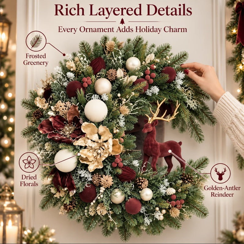 Old-World Yuletide Door Wreath 🎄 Velvet Reindeer with Heirloom Florals