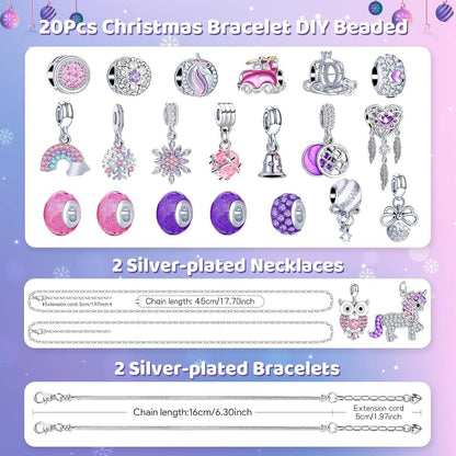 🎄 Christmas Advent Calendar 24 Days DIY Charm Bracelet & Necklace Making Kit, Purple Pink Crystal Beads Jewelry Set, Christmas Gift for Girls