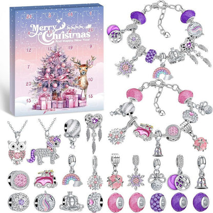 🎄 Christmas Advent Calendar 24 Days DIY Charm Bracelet & Necklace Making Kit, Purple Pink Crystal Beads Jewelry Set, Christmas Gift for Girls