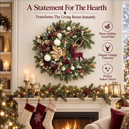 Old-World Yuletide Door Wreath 🎄 Velvet Reindeer with Heirloom Florals