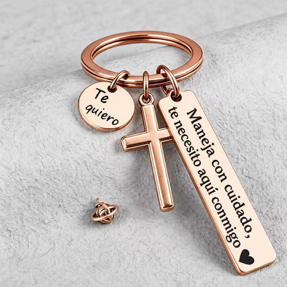 Cross Keychain with "I Love You" Charm | Romantic Drive Safe Gift