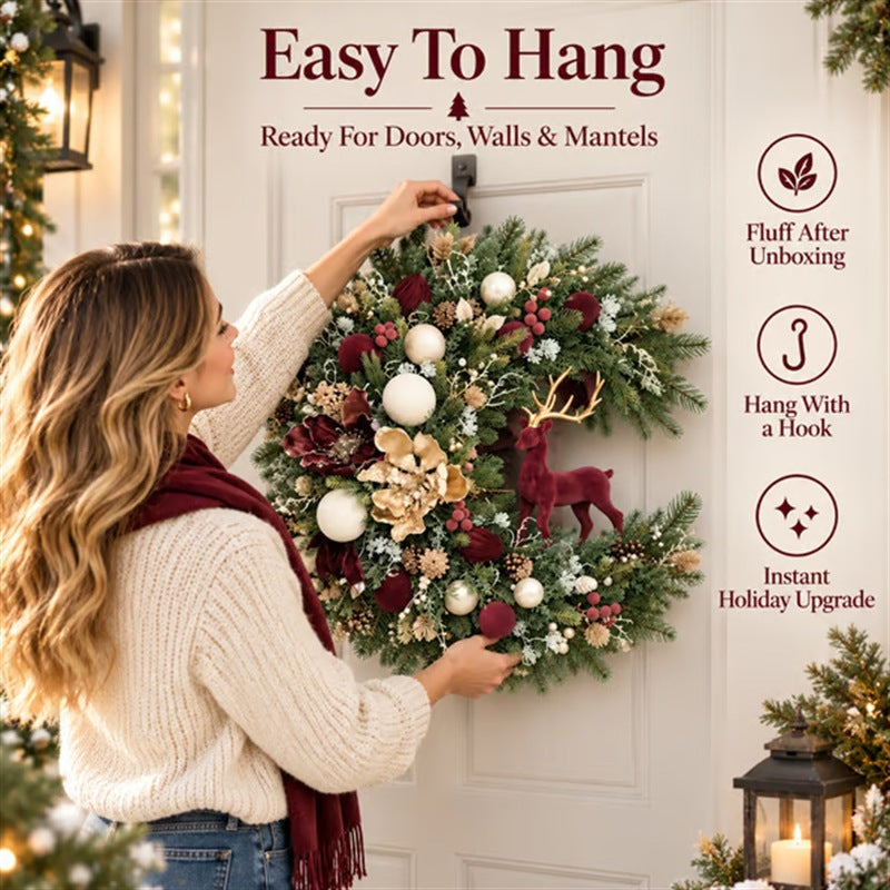 Old-World Yuletide Door Wreath 🎄 Velvet Reindeer with Heirloom Florals
