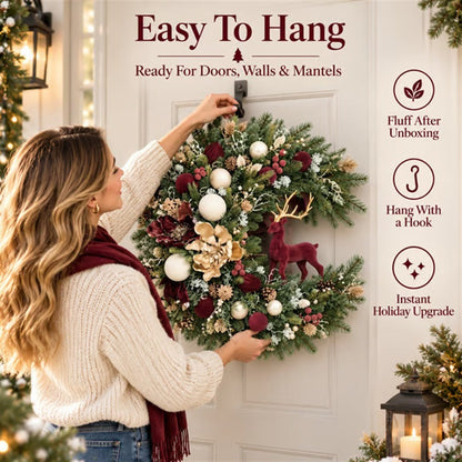 Old-World Yuletide Door Wreath 🎄 Velvet Reindeer with Heirloom Florals