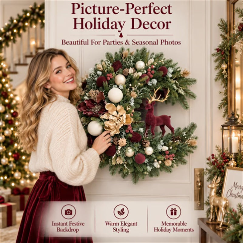 Old-World Yuletide Door Wreath 🎄 Velvet Reindeer with Heirloom Florals