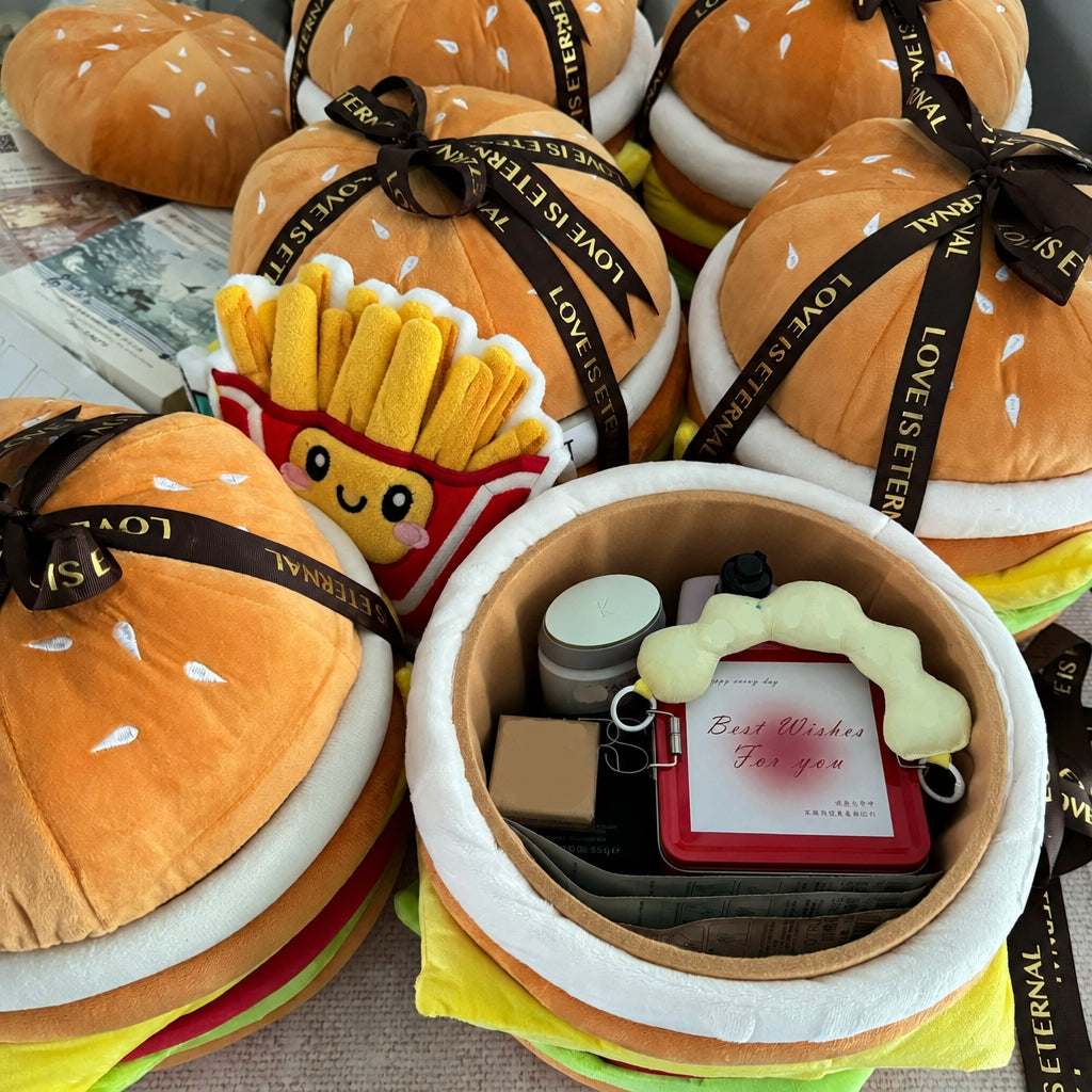 Hamburger Stool | Rolling Wheeled Stool & Plush Burger Storage Ottoman, Cute Home Seat