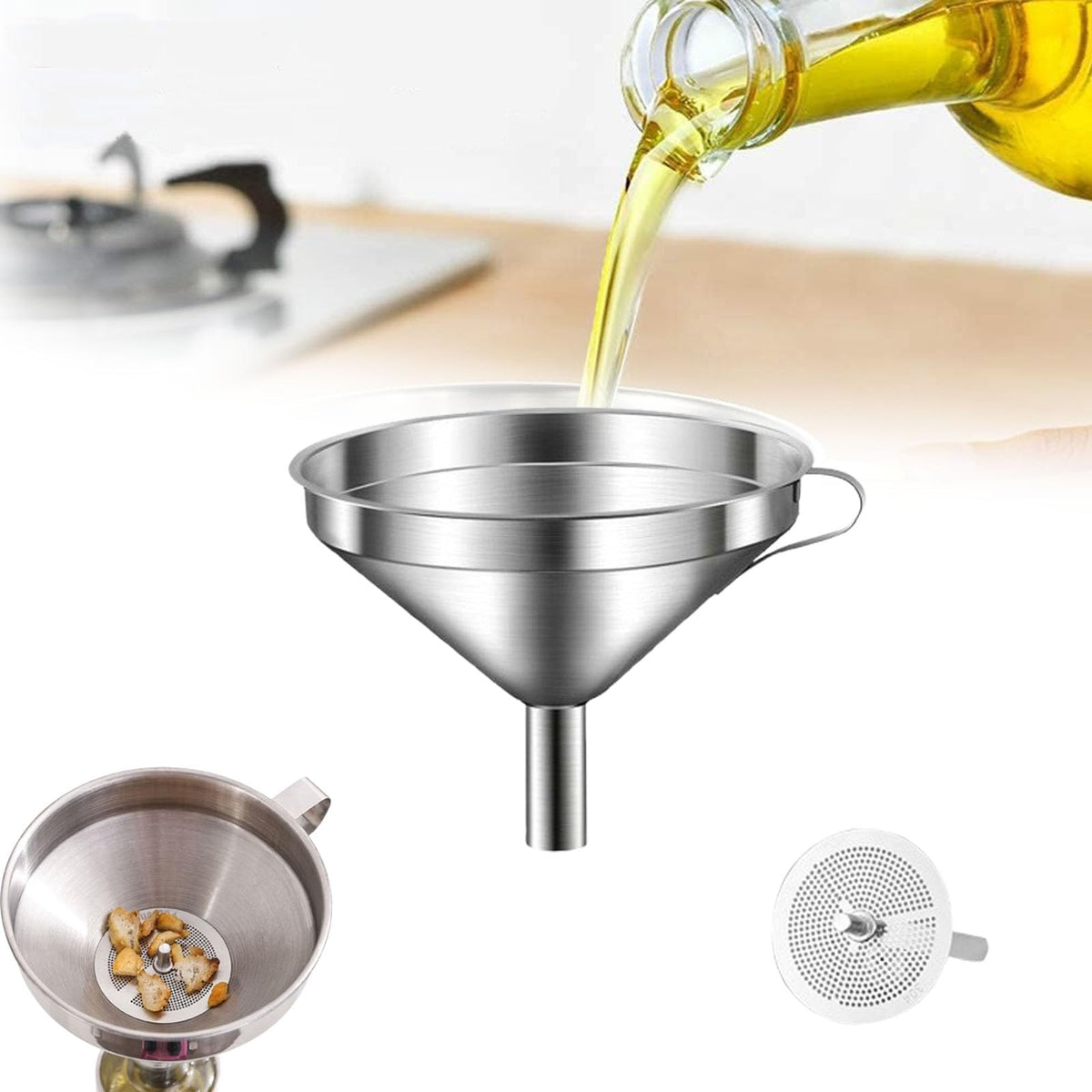 304 Stainless Steel Funnel 🍯 – Removable Strainer & Easy-Pour Handle