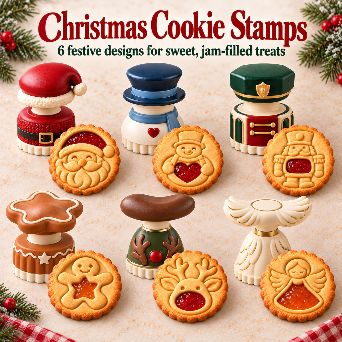🎅🍪 Christmas Jam-Filled Cookie Stamp Molds – 🎄6 Festive Designs for Holiday Baking