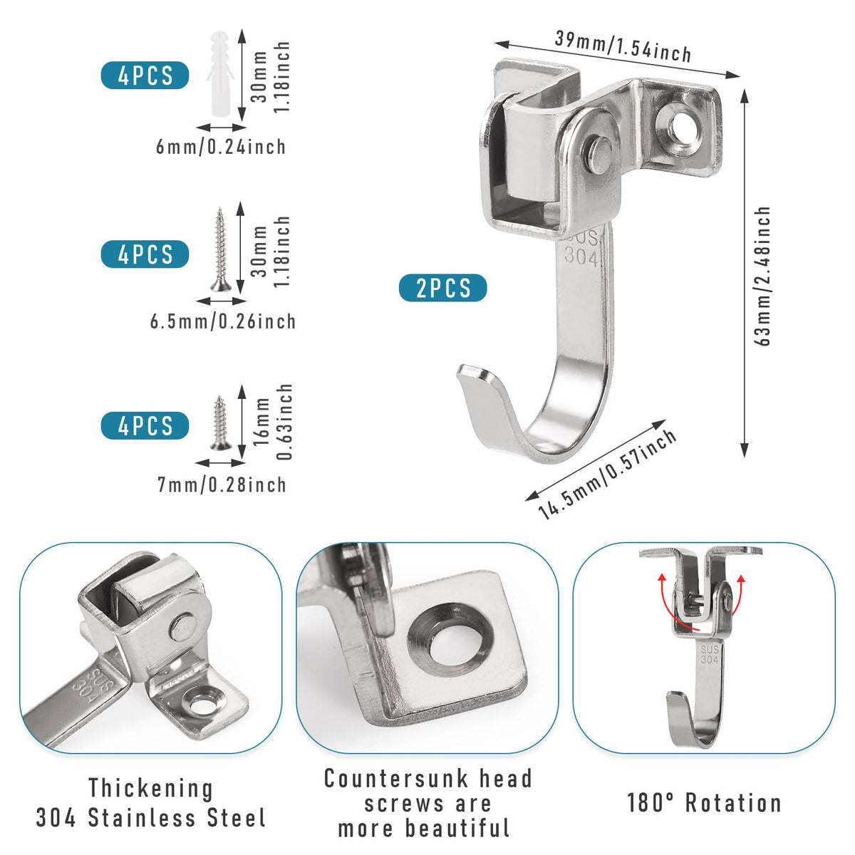 🪝 2-Pack 360° Swivel Wall Hooks – Heavy-Duty J-Shaped Hangers