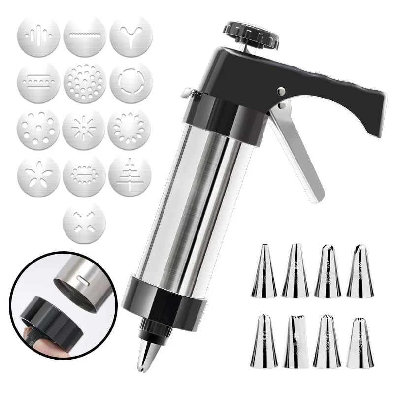 🍪 Stainless Steel Cookie Press – 13 Discs & 8 Decorating Tips
