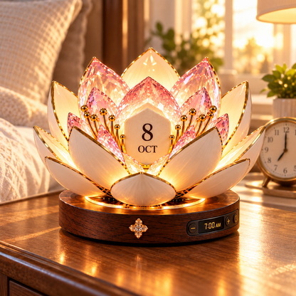 Automatic Blooming Perpetual Calendar glowing flower display on a bedside table