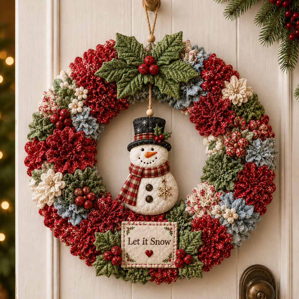 Let It Snow Snowman 3D fabric poke wreath