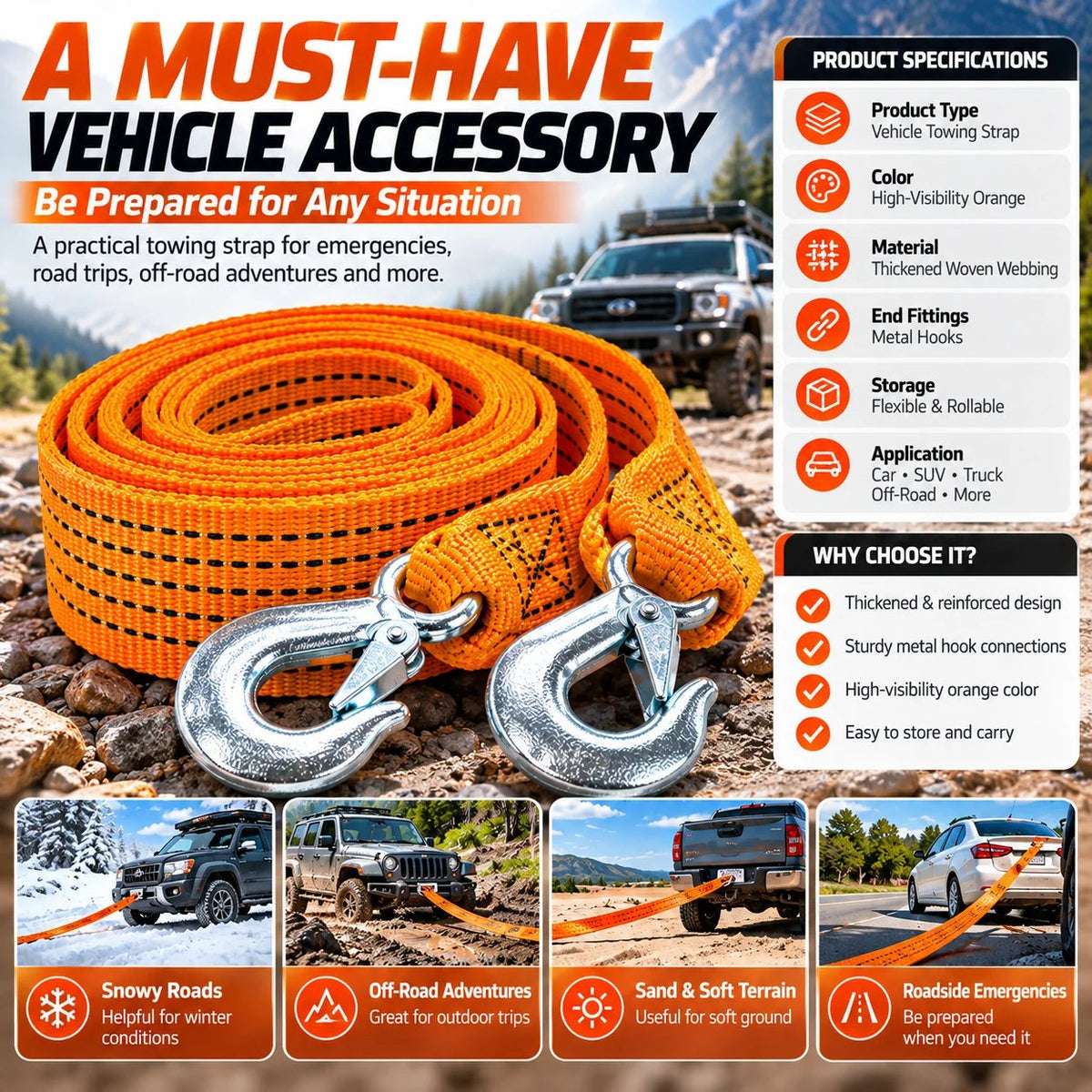 🚗 Heavy-Duty Vehicle Tow Strap – Strong Rope with Metal Hooks
