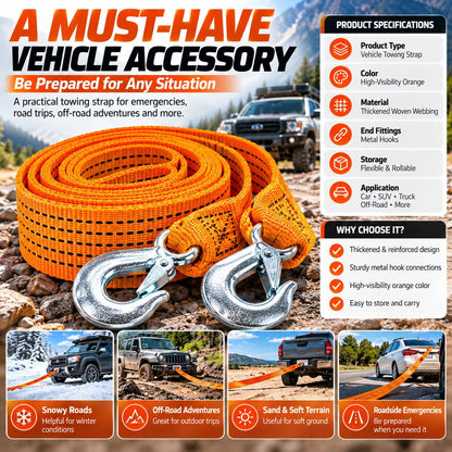 🚗 Heavy-Duty Vehicle Tow Strap – Strong Rope with Metal Hooks