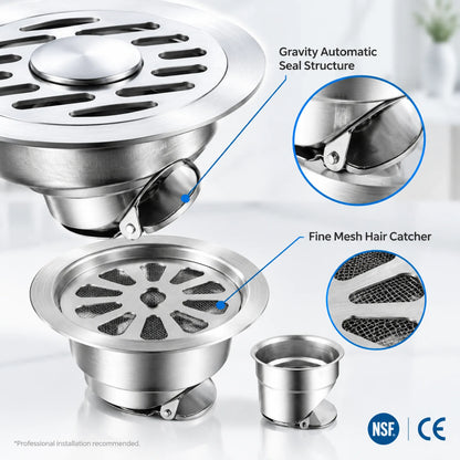Stainless Steel Floor Drain 🚿 – 3.94" Gravity Seal with Hair Filter & Odor Control