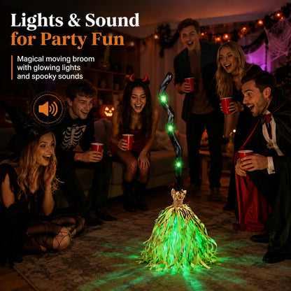 Animated Moving Witch Broom, Light‑Sound‑Motion Halloween Prop to Boost Thrill for Your Indoor & Outdoor Party Decor