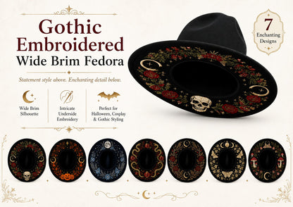 🖤 Gothic Embroidered Wide Brim Fedora Hat | Black Felt Design with Detailed Underside Embroidery in 7 Witchy, Celestial & Halloween Styles 🌙