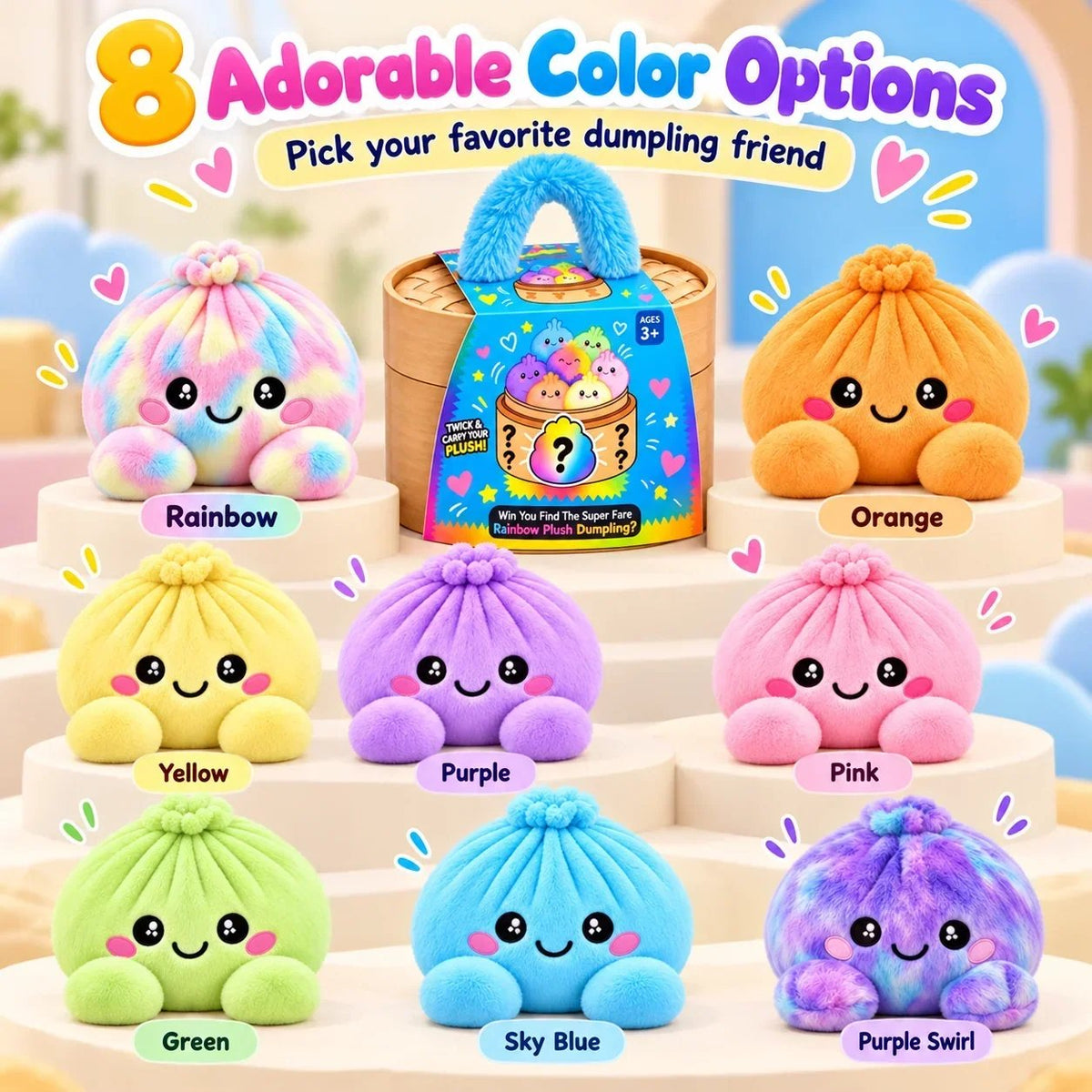 🌈🥟 Rainbow Dumpling Plush Set – 8 Colorful Squishies in a Cute Steamer Basket