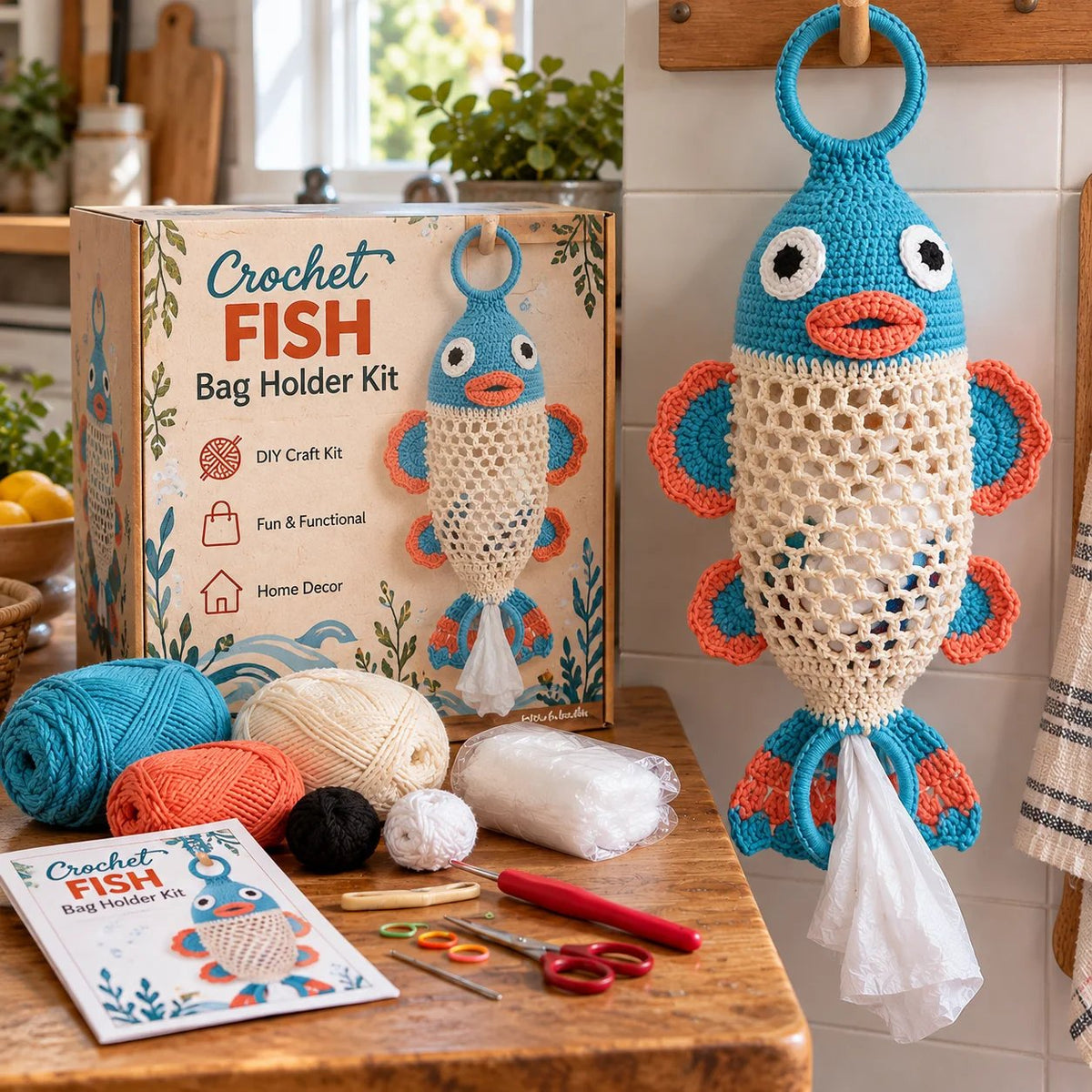 Fish crochet bag holder DIY kit and finished project