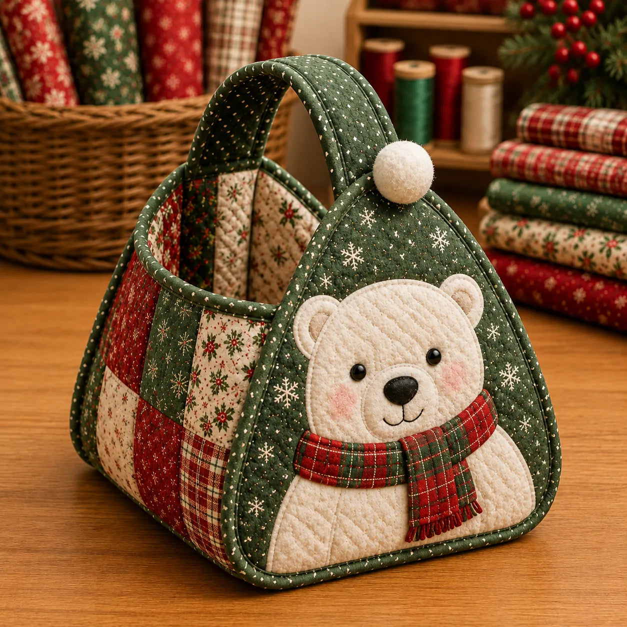 Christmas Quilted Carry Basket Sewing Kit