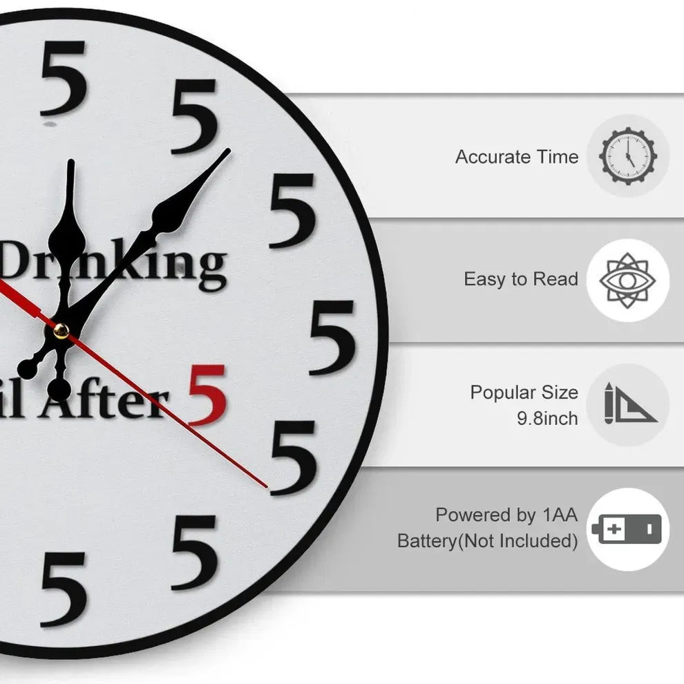 Happy Hour Starts at Five 🍹 Funny Round Wall Clock for Bar & Kitchen Décor