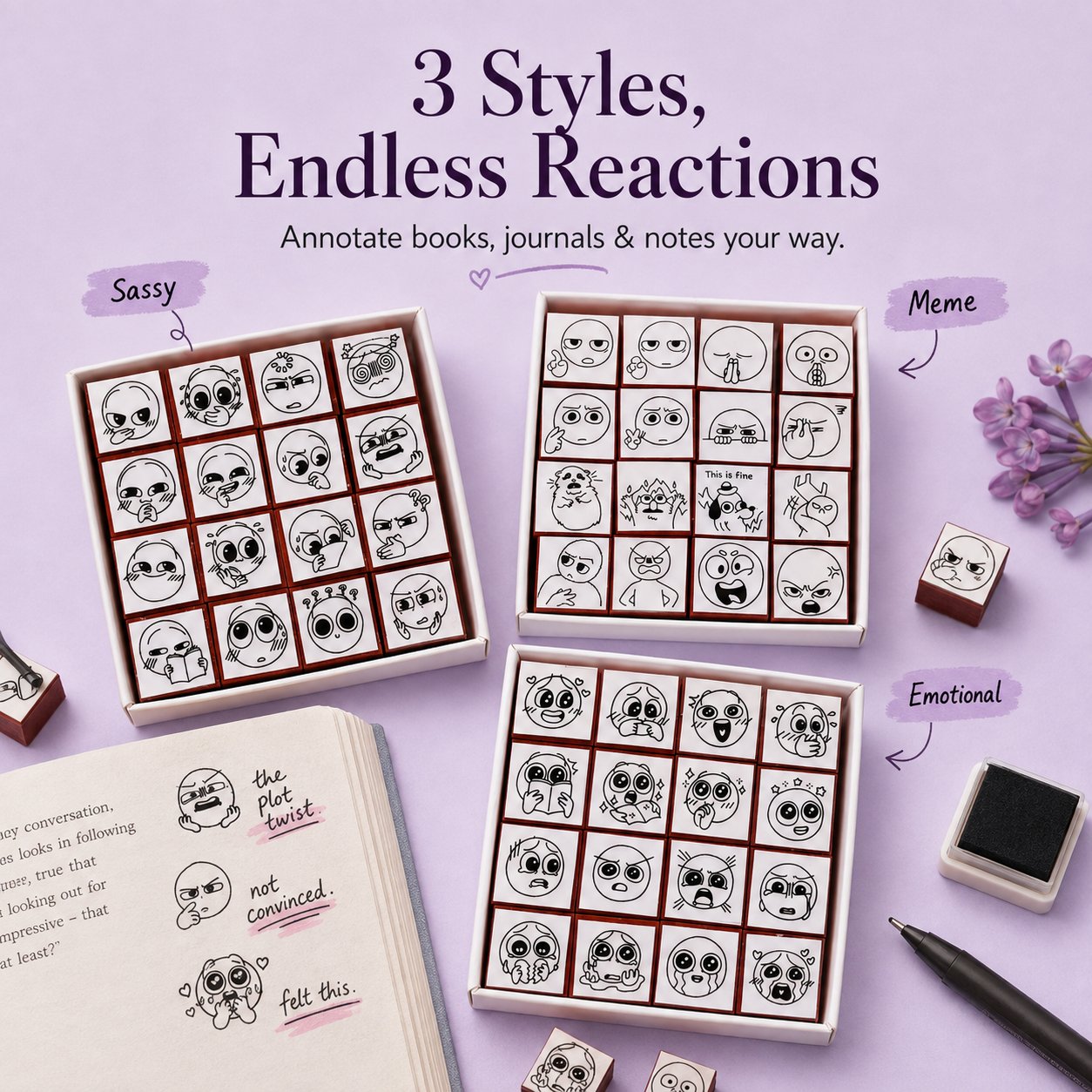 📚 Expression Reaction Stamp Set – Cute Book Annotation Stamps for Readers & Journaling
