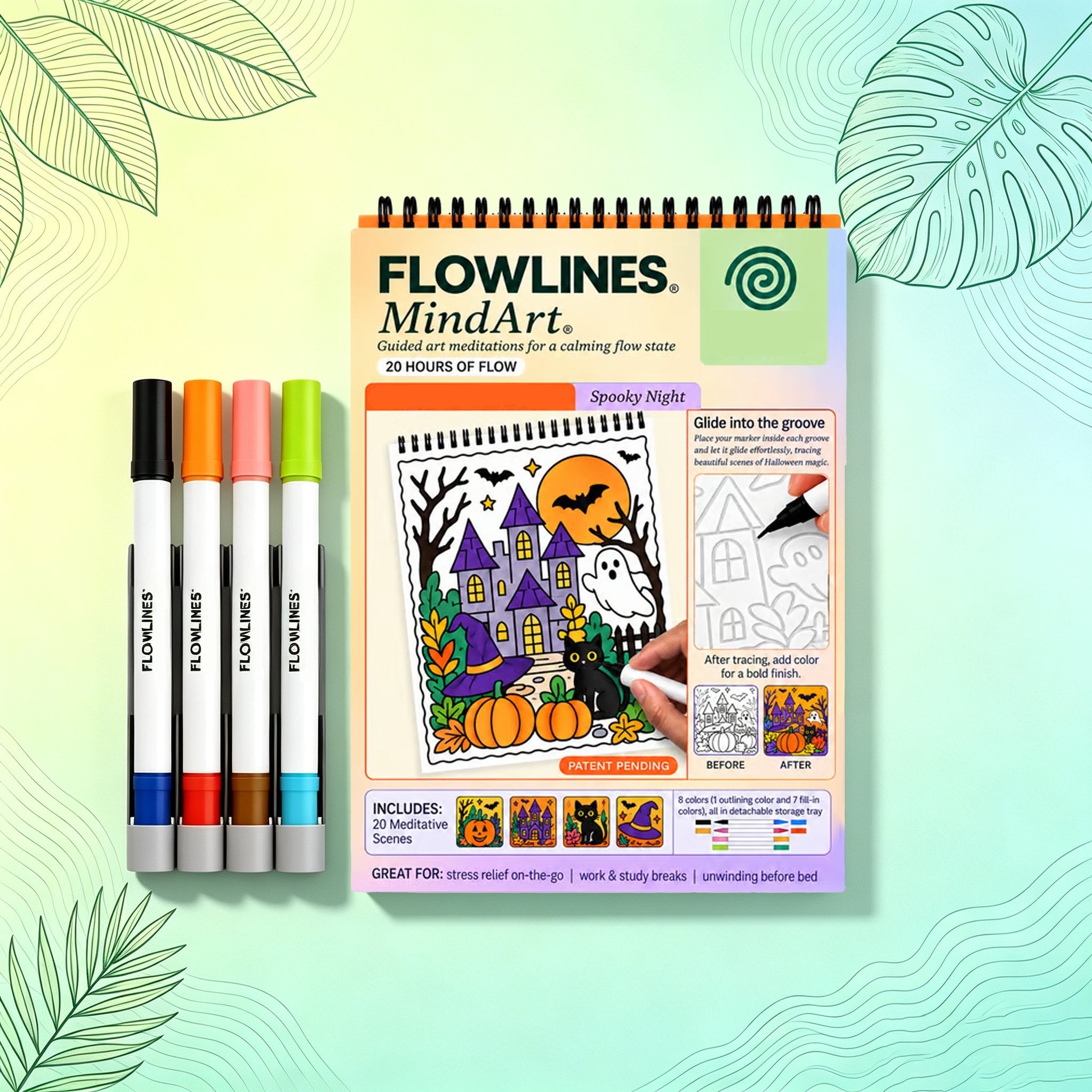 🌿  Guided Flow Art Coloring Pad with Double-Sided Markers 🎨
