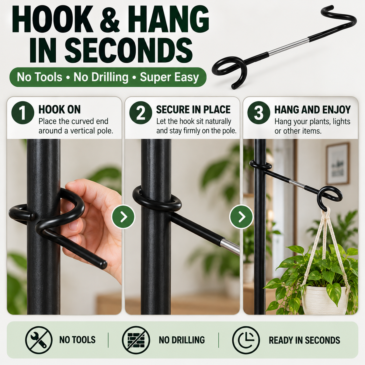 🌿 No-Drill Plant Pole Hanging Hook — Hang More Plants Without Tools
