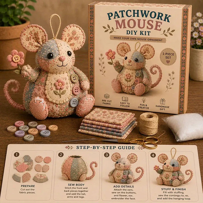 🎁 Handcrafted Vintage Mouse Plush Sewing Kit 🧵 DIY Heirloom Craft Gift Set