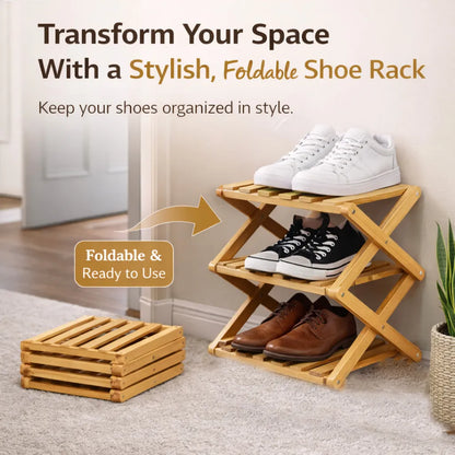 🌿 3-Tier Folding Bamboo Shoe Organizer in Natural Wood | Ready to Use, No Assembly Needed