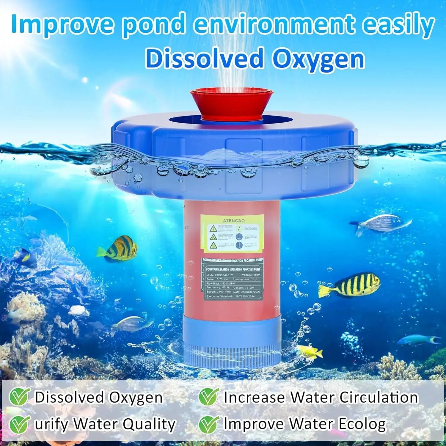Pond Fountain Aerator  1HP 110V 750W 15000 GPH Floating Fountain Pump with 100 FT Power Cord  2 x 100 FT Rope Timer  Fully Automatic Powerful Aerating Fountain for Larger Ponds, Lakes
