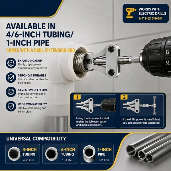 🔧Drill-Powered Broken Pipe Thread Extractor – Universal 1/2', 3/4' & 1' Broken Pipe Nipple Remover Tool