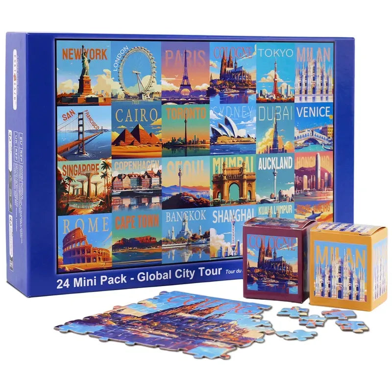 rokt&razo Travel Series, 24 Mini Pack 1000 Pieces Jigsaw Puzzle, 8 Puzzle Stickers, 3 Themes: National Parks, World Heritage, Global City Tour
