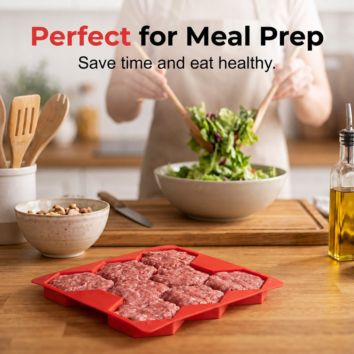 8-Cavity Burger Prep Tray 🍔 – Silicone Patty Maker for Shaping, Storing & Freezing