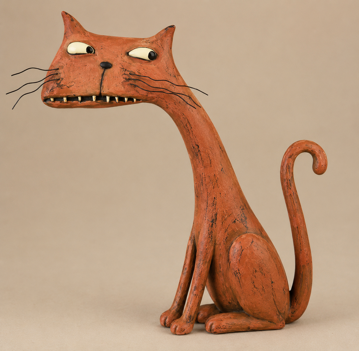 Distressed burnt orange cat figurine with long neck and sideways glance